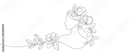 Beautiful continuous line artwork of female profile decorated with blooming flowers
