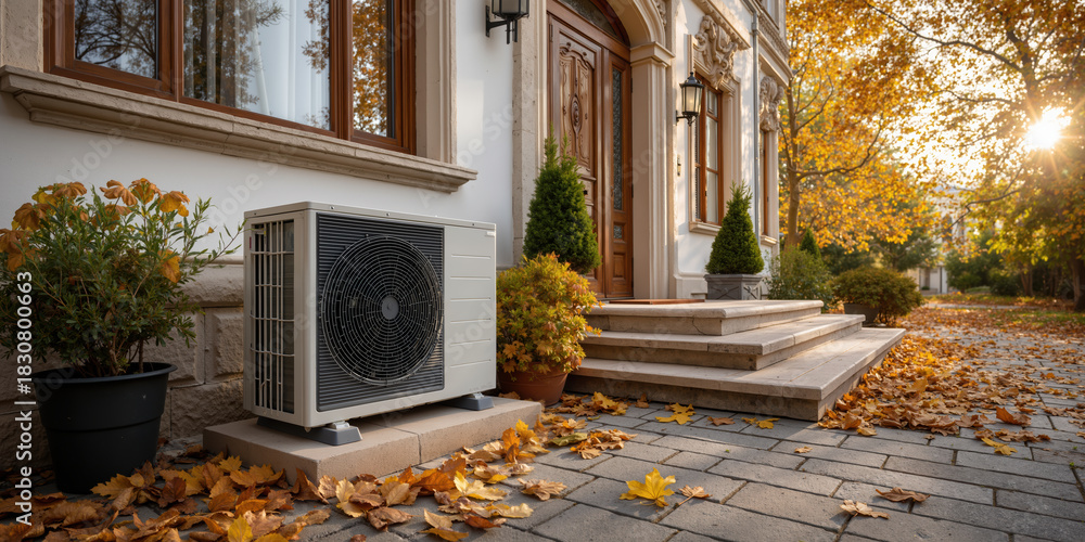 Obraz premium Autumn outdoor heat pump next to elegant house entrance amidst fall foliage