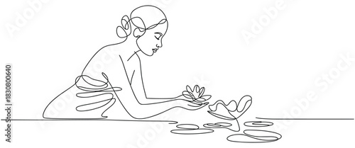 Serene Woman Holding a Water Lily in a Continuous Line Drawing Style female calm, Elegant one-line illustration of woman touching lotus flowers in serene minimal style
 