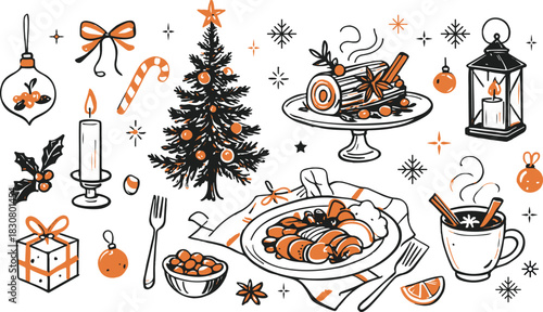 Christmas Holiday Dinner and Festive Decorations Vector Illustration