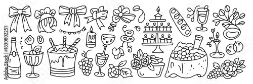Doodle wedding dinner icon set, hand drawn vector illustrations of festive food, cake, champagne, and canapes, isolated on background, suitable for wedding invitations, menus, and event designs.