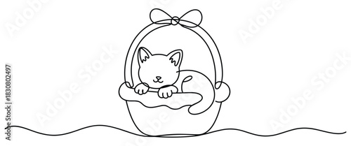 Whimsical Single Line Drawing of a Cute Kitten in a Basket with a Bow 
