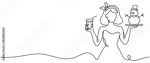 Minimalist one-line illustration of woman holding coffee cup and festive snowman