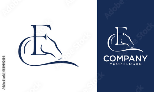 Creative letter E simple with horse racing vector logo template