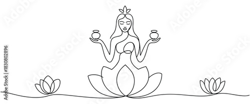 Woman Meditating in a Lotus Position Holding Pots with Lotus Flowers on a White Background