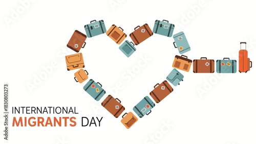Heart-shaped arrangement of colorful suitcases forming a symbol of love and travel on International Migrants Day with a clean white background.