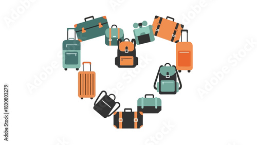 A heart-shaped arrangement of various colorful suitcases and backpacks on a white background in a flat lay composition.