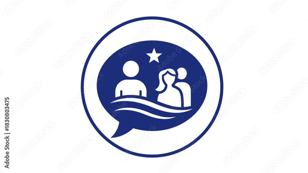 Obraz premium Flat design illustration of two people communicating in a speech bubble with a star, against a white background.