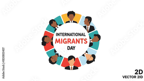 Vector illustration of diverse people forming a circle for International Migrants Day with a colorful and symbolic composition.
