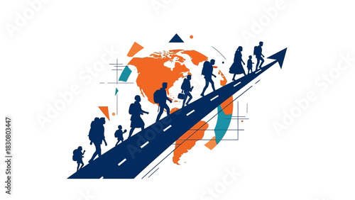Graphic illustration of people walking up a road with an arrow pointing upwards on a world map background with orange and blue colors.