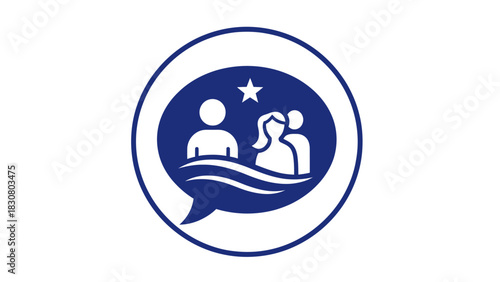 Flat design illustration of two people communicating in a speech bubble with a star, against a white background.