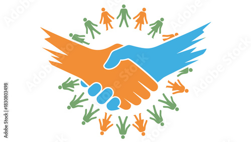 Illustration of two hands shaking surrounded by smaller human figures in orange, green and blue hues on a white background.