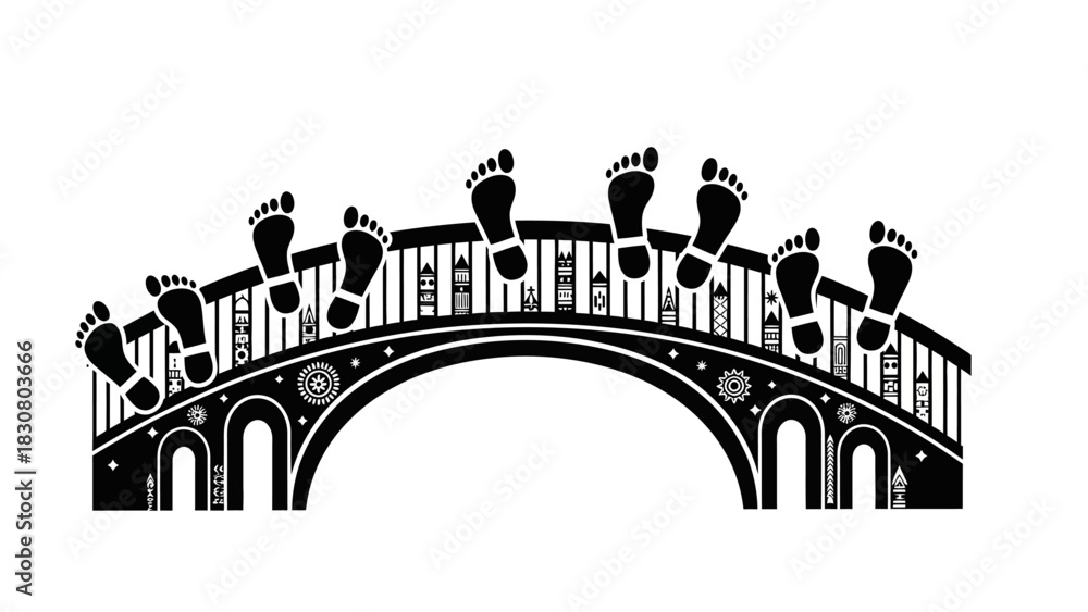 Obraz premium Black silhouette illustration of a bridge with multiple human feet on the railing against a white background.