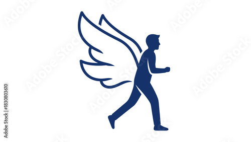 Simple blue silhouette of a person with wings running on a white background in a dynamic pose.
