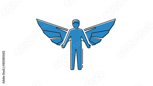A blue humanoid figure with outstretched wings stands against a clean white background in a graphic illustration.