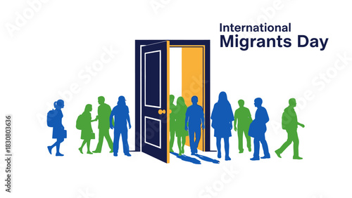 Illustration of diverse people walking through an open door on International Migrants Day with a white background.
