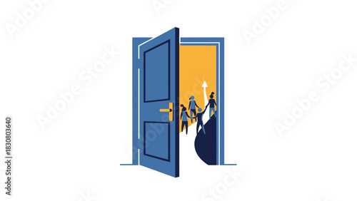 Illustration of a blue open door with a group of people stepping inside from a bright yellow background into a darker area.