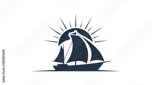 Nautical logo featuring a sailboat with billowing sails and radiant sunburst on a clean white background with dark blue hues.