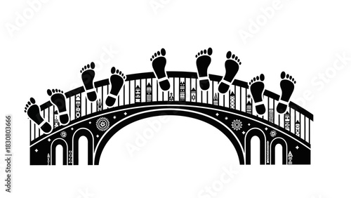 Black silhouette illustration of a bridge with multiple human feet on the railing against a white background.
