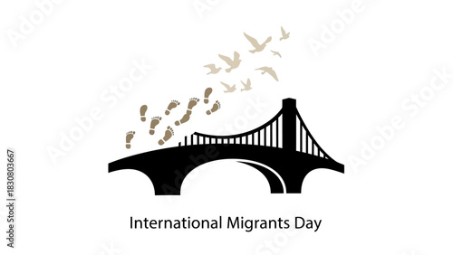 Graphic illustration of a bridge with birds flying away, celebrating International Migrants Day on a white background with a simple and symbolic design.
