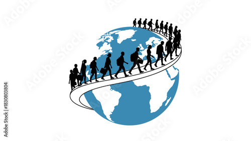 Illustration of diverse people walking around a blue and white globe on a winding path against a clean white background.