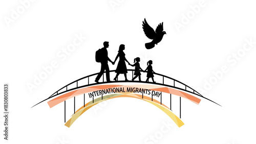 Logo illustration of a family with a child and a bird flying over a bridge with International Migrants Day text on a white background.