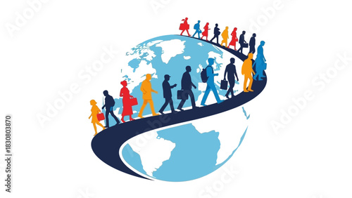 A diverse group of people walking around a blue globe on a curved path against a white background with a symbolic and harmonious mood.