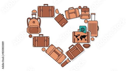 Heart-shaped arrangement of various travel luggage and bags on a white background.