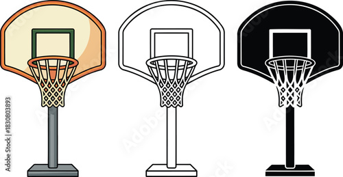 Basketball hoop silhouette & Outline and illustration set isolated on transparent background
