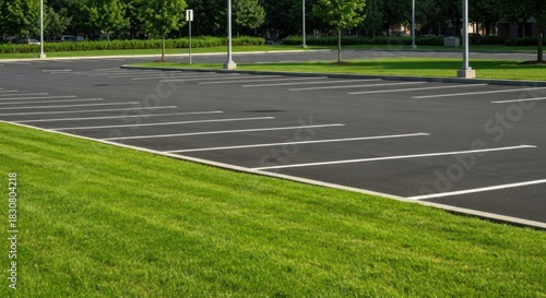 Empty parking lot bordered by lush green grass, trees, and paved asphalt