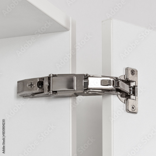 Close-up of 180° concealed hinge mounted on a kitchen wall cabinet door, ideal for full access and smooth opening.