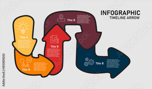 Infographic with 5 step timeline arrow and presentation template. Infographic with 5 communication or report options. Vector eps.
