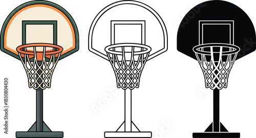 Basketball hoop silhouette & Outline and illustration set isolated on transparent background