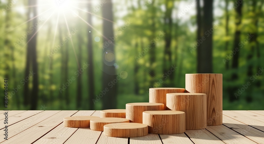 Obraz premium Wooden product display podiums showcase natural beauty against a blurred forest backdrop perfect for cosmetic or organic product presentations
