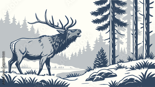 Majestic Elk Bugling in Wild Forest Landscape Vintage Woodcut Illustration for Nature Conservation Outdoor Adventure and Rustic Branding
