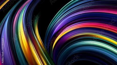 Colorful, dynamic abstract swirling lines, flowing across a dark background