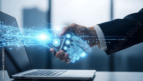 Human and ai handshake with digital connection in modern office setting