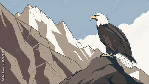 Majestic Bald Eagle Perched on Mountain Peak with Snowy Landscape for Leadership, Freedom, and Outdoor Adventure Marketing Campaigns.