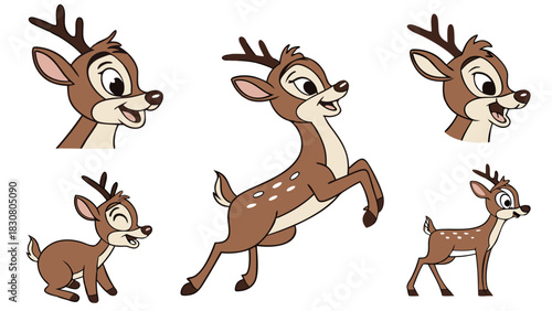 Happy Cartoon Fawn Collection. Cute Young Deer Characters Jumping, Smiling, and Standing. Ideal for Kids Books, Nature Education, and Children's Product Design.