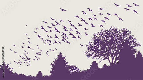 Purple Silhouette of Migrating Birds Flying Over Forest Landscape for Nature Travel Environmental Conservation and Serene Escape