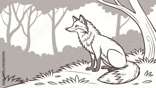 Black and White Line Art Fox Sitting in Forest for Coloring Book Pages Wildlife Education and Nature Themed Crafts