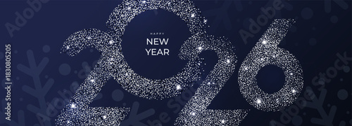 Happy New Year 2026 beautiful sparkling design of numbers on dark blue background with big snowflakes and shining falling snow. Modern winter banner, poster or greeting card template.