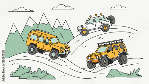 Off Road 4x4 Vehicles Illustration Driving Winding Mountain Trails for Outdoor Adventure Travel and Rugged Wilderness Exploration