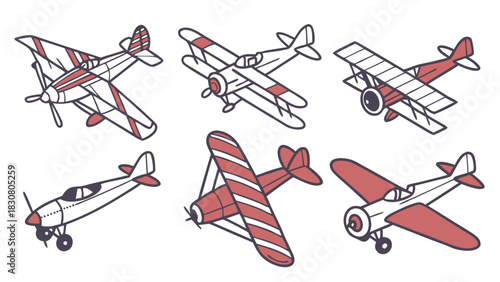 Vintage Biplane Collection For Aviation Enthusiasts, Retro Travel Graphics, Nostalgic Flight Illustration, Vintage Aircraft Design