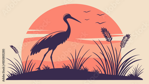 Serene Heron Silhouette at Sunset Amidst Tall Grasses for Nature, Wildlife, and Peaceful Marketing Backgrounds