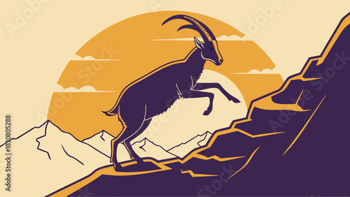 Agile Ibex Climbing Mountain Peak at Sunrise Symbolizing Success and Ambition for Business Growth and Adventure Travel Marketing