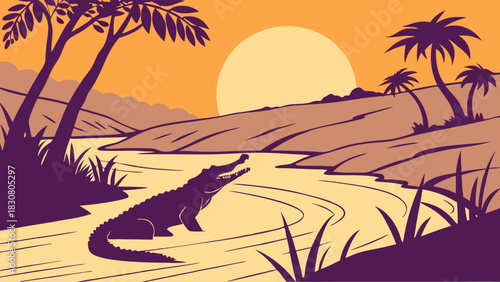 African Crocodile Emerging from River at Sunset for Wildlife Documentary, Nature Photography, Travel Blog, Safari Adventure, and Wild Animal Content