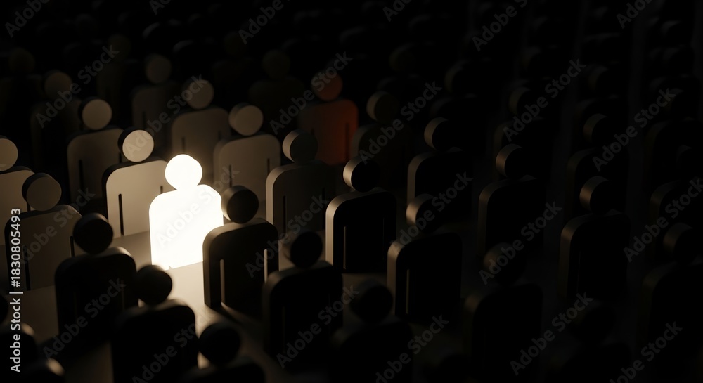 Obraz premium Illuminated figure stands out among a crowd of dark figures symbolizing individuality and leadership in a unique and conceptual representation