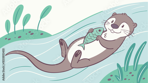 Cute Happy Otter Floating on Back in River Holding Fish Cartoon Illustration for Children's Books Wildlife and Education