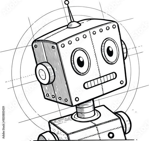 A black and white robot with a square head and circular design in the background
